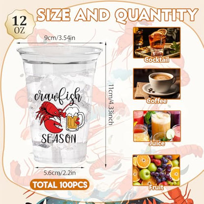 100Pcs Crawfish Plastic Party Cups, 12oz Lobster Disposable Clear Cups for Crawfish Parties, Holiday Gatherings, Birthday, Seafood Party Drinking Supplies