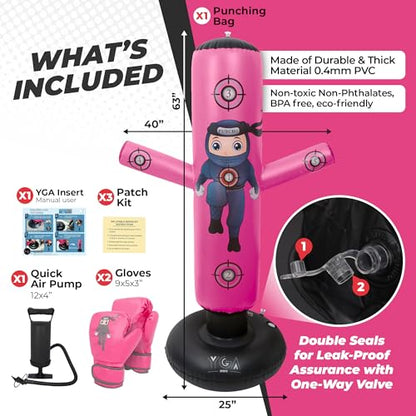 PUNCHO Punching Bag for Kids 3-12 with Boxing Gloves, Pump and Play Book - color: Pink