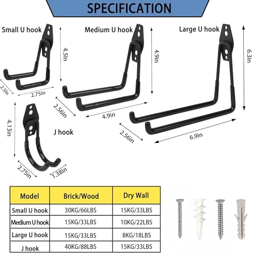 Wall Mount Heavy Duty Garage Hooks (2-Pack) – Wall Mounted Storage Hooks for Ladders, Bikes, Tools & More – Rust-Resistant Steel with Anti-Slip PVC Coating Small U Hooks - color: 2Pcs
