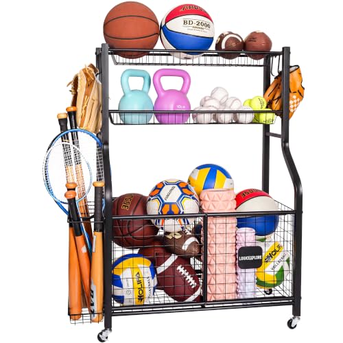 Sports Equipment Organizer with Wheels for Garage Ball Storage | Heavy-duty metal sports organizer with rolling wheels for ball and equipment storage in garages, homes, schools and gyms.