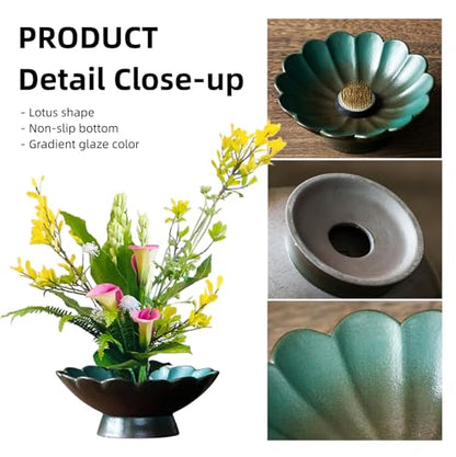 WEOPYCJ Japanese Ikebana, Lotus Shaped Ceramic Bowl Vase, Flower Arranging Supplies Kit with 2pc Round Floral Frog 1 Scissors 1 Kenzan Straightener
