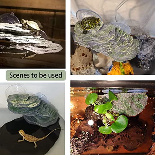 Turtle Basking Platform Reptile Climbing Shale Resin Step Ledge Stone Aquarium Ornament Rock Landscaping Decoration with Suction Cups for Frogs Newts Amphibians Lizard (Medium:8.2”Lx3.3”Wx3.1”H)