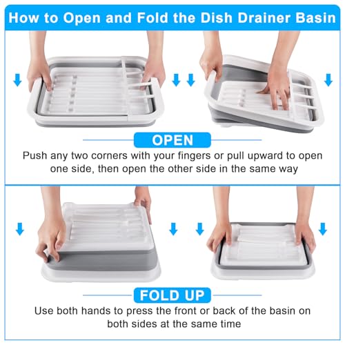 Collapsible Dish Drying Rack with Drain Plug Tube, Portable Dish Drainers for Kitchen Counter, Folding Dish Rack Over Sink Drying Dinnerware,Kitchen Sink Organizer Travel Trailer RV Camping Essentials