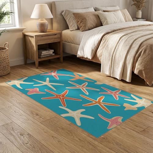 5'x7' Washable Beachy Starfish Area Rug, Teal Non-Shedding Pet Friendly Carpet Easy Care Kids Safe Mat for Small Living Room, Playroom, Bedroom | Ref:1891133 - color: Blue/Pattern 3, size: 5' x 7' (Rectangular)