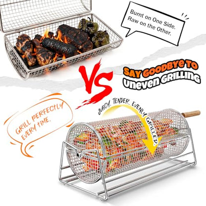 2-in-1 Rolling Grill Basket with Dual Handles, 304 Stainless Steel Rotatable BBQ Basket with Crank Handle & Straight Grip Handle, Grill Net for Vegetables, Shrimp & More, Gift Idea for Men, Dad, Husband