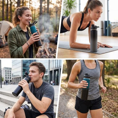 Fijinhom 24 oz Insulated Water Bottle with Handle, 304 Stainless Steel Water Bottles with 2 Lids, Double Wall Vacuum Sports Water Cup with Straw, BPA Free, Keep Cold and Hot, Blue/Black - color: 2 Lids - Blue/Black, size: 24 Ounces