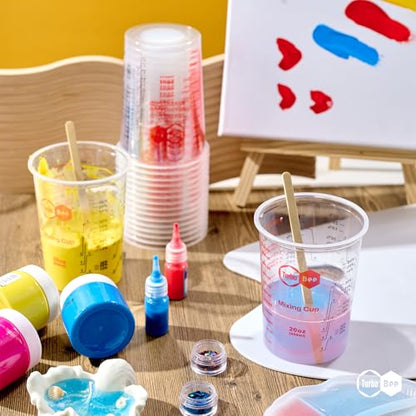 20oz Resin Mixing Cups - [Easy-Separate Design] 100 Pack Graduated PP Plastic Mixing Cups for Epoxy Resin, Paint & Automotive - Includes 100 Stir Sticks, Calibrated Ratios 2:1 3:1 4:1, ML & OZ - color: 20OZ-100PACK-CLEAR