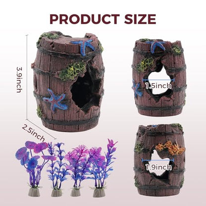 Aquarium Decor for Betta Fish Tanks, Tank Accessories, Starfish Barrel x 1 pcs, Aquarium Plants x 4 pcs