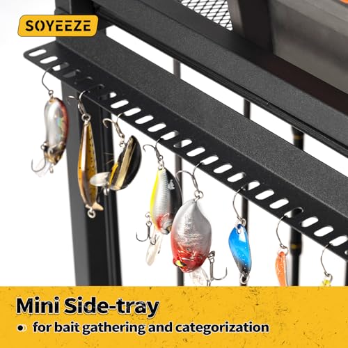 Large Size Fishing Rod Holders for Garage, 3-Tier Fishing Pole Rack with Pegboard and Hooks, Fishing Gear Tackle Box Organizer Up to 12 Rods, Rolling Fishing Storage Cart with Lockable Wheels