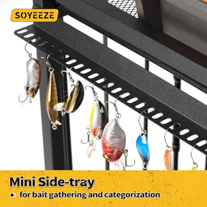 Large Size Fishing Rod Holders for Garage, 3-Tier Fishing Pole Rack with Pegboard and Hooks, Fishing Gear Tackle Box Organizer Up to 12 Rods, Rolling Fishing Storage Cart with Lockable Wheels