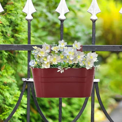 3 Pack Metal Railing Planters, 10.5" Oval Hanging Flower Pots with Detachable Hooks & Drainage Holes, Fits Rails up to 2.36", Galvanized Iron Fence Bucket for Balcony Garden Patio - Red - color: Red, size: 3 Pack, 10.5"L x 5.7"W x 4.7"H