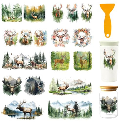 18 Pcs Deer UV DTF Cup Wraps for 16OZ Glass, 4.3 x 9.4 Inch Animals Forest UV DTF Transfer Stickers Waterproof Rub on Transfer Decals for Glass Bottle Vase Furniture Crafts - style: Deer