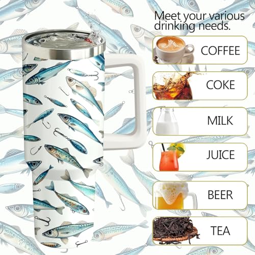 40oz Fishing Tumbler with Handle and Straw, Stainless Steel Insulated Cup with Lid and Straw, Travel Coffee Mug Water Bottle, Birthday Mothers Day Gifts for Women Men Fish Lovers