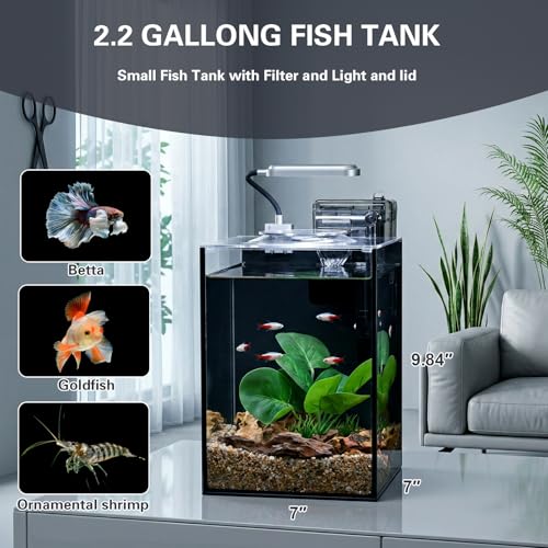 2.2 Gallon Small Aquarium Set Glass Fish Tank,Desktop Small Aquarium Kit for Beginners and Children to Keep Betta Fish, Goldfish, Shrimp, and Aquatic Plants (Black, 2.2 Gallon (Complete Kit))