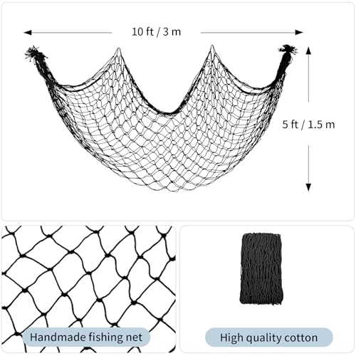 2 Pack Decorative Fishing Net, 5x10 ft Large Black Cotton Fish Net Decor for Wall, Photo Display Nautical Mermaid Pirate Ocean Themed Beach Halloween Under the Sea Party Decorations