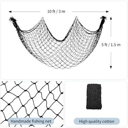 2 Pack Decorative Fishing Net, 5x10 ft Large Black Cotton Fish Net Decor for Wall, Photo Display Nautical Mermaid Pirate Ocean Themed Beach Halloween Under the Sea Party Decorations