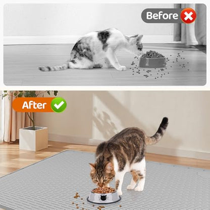 Cat Food Mat, 40" x 28" Cat Litter Mat Extra Large Silicone Pet Feeding Mat with Raised Edge Pet Placemat for Food and Water Bowl Non-Slip, Easy to Clean, Floor Protection (Light Gray) - color: Light Gray Mat