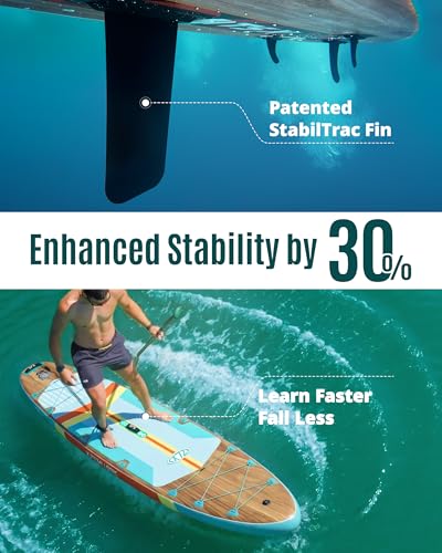 11'6"x35" Inflatable Paddle Board for Adults, Extra Wide Stable SUP | Stand Up Paddleboard, Non-slip EVA Deck, Complete Accessories, Unique Center Fin, for All Skill Levels Paddling On Any Water - color: Brown Wood Seat