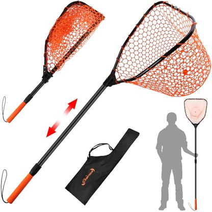 Rubber Fishing Landing Nets Telescopic Handle Nets Folding Nets with Collapsible Handle for Catch & Release Fishing Gift 17.6" dia-13.7" Depth Black/Orange
