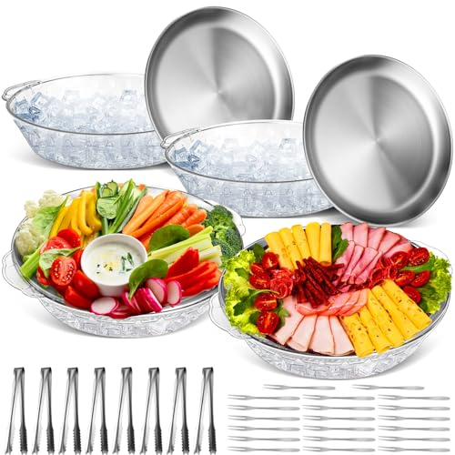 4 Sets 11.8" Chilled Serving Tray for Parties Round Iced Platter with Ice Underneath Stainless Steel Clip Fruit Fork Shrimp Cocktail Serving Dish for Oysters Crawfish Fruits (Original) - color: Original