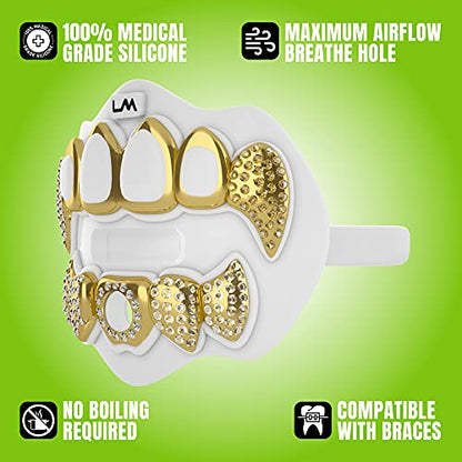 Loudmouth Football Mouth Guard - 3D Chrome Grillz Football Mouthpiece, Fits Adult & Youth, Mouth Guard Accessories (3D Grillz Bling - Chrome White/Gold) - color: 3d Grillz Bling - Chrome White/Gold