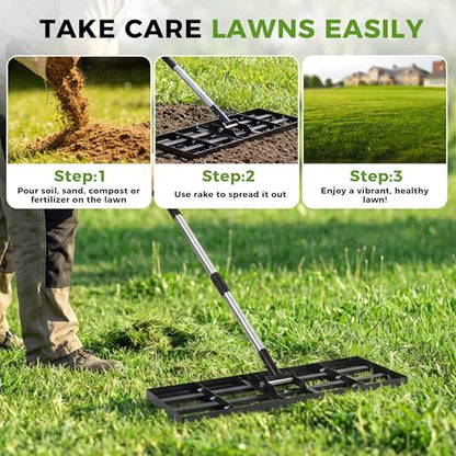 Lawn Leveling Rake, 30"x10" Stainless Steel Lawn Leveler with 76" Adjustable Handle, Heavy-Duty Yard Leveling Rake for Garden, Golf Course, Farm, Pasture, Professional Lawn Care Tool - style: 30"x10" Leveling Rake