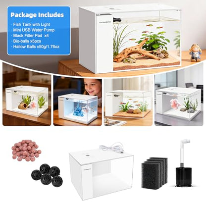 Small Fish Tank Betta 2.5 Gallon Desktop Aquarium Kit with LED Light and Water Pump & Black Filter Sponge & Bio Ball Filter Media Compact Aquarium for Betta Fish, Shrimp(White)