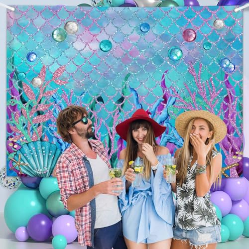 7x5ft Under The Sea Backdrop for Photoshoot Purple Corals Pearls Photography Background Little Mermaid Party Decorations for Girls Photo Shoot Props Cake Table Banner - size: 7x5ft