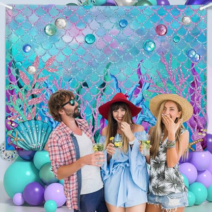 7x5ft Under The Sea Backdrop for Photoshoot Purple Corals Pearls Photography Background Little Mermaid Party Decorations for Girls Photo Shoot Props Cake Table Banner - size: 7x5ft