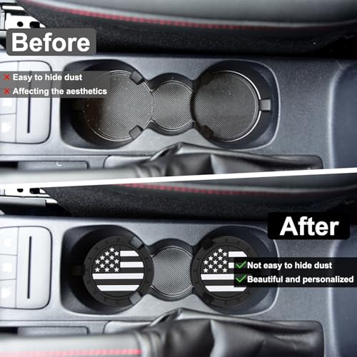 4PCS Car Cup Coasters, 2.75 Inch Universal American Flag Cup Holder Coasters for Car Accessories, Non-Slip Silicone Anti-Shock Drinking Mats for Trucks, Cars, RVs and SUVs (Black)