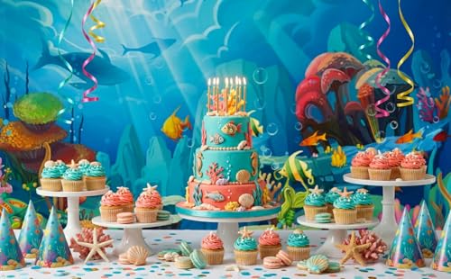 CHAIYA Under The Sea Backdrop Ocean Little Mermaid Backdrop Background for Under The Sea Theme Baby Shower Photo Booth Banner Party Cake Table Decoration 8x6ft - size: 8′x6′