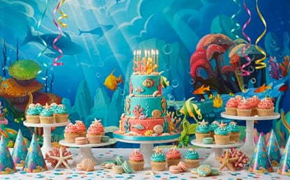 CHAIYA Under The Sea Backdrop Ocean Little Mermaid Backdrop Background for Under The Sea Theme Baby Shower Photo Booth Banner Party Cake Table Decoration 10x8ft - size: 10′x8′