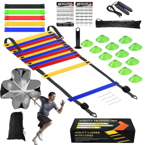 Speed Agility Training Equipment Set, Agility Ladder 20ft, 12 Football Cones, Resistance Parachute/Soccer Kick Trainer, Jump Rope, 5 Resistance Bands, Football Practice Equipment for Kids Adults - color: Colorful Laddder Set