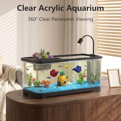 5 Gallon Fish Tank Aquarium Starter Kit with Filter and Light, All in One Small Fish Tank for Betta, Kids & Desktop Use, Self Cleaning Nano Aquarium with Lid(Large Black)