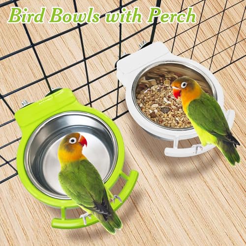 2 PCS Bird Feeding Dish Cups with Perch Stand Hanging Stainless Steel Bird Bowls Food Container Food and Water Bowls with Spoon for Budgie Cockatoo Finch Lovebirds Pigeons (Green&White)