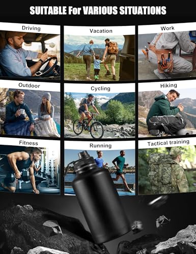64 Oz Black Tactical Water Bottle with 3 Lids, Molle Holder | Half Gallon Water Bottle with Straw, Water Jug with Holder, Stainless Steel Sport Bottle with 3 BPA Free Lids for Gym Workout - color: 64oz-Black