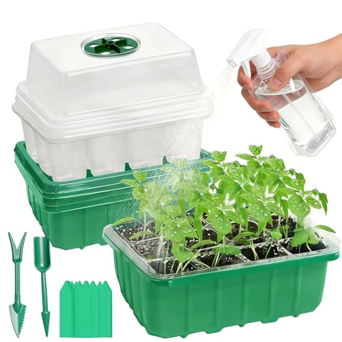 Seed Starter Tray Kit, 5 Pcs Seed Starting Trays with Humidity Dome and Base Plant Starter Kit for Seed Germination and Growing, with Plant Labels and Foldable Watering Can