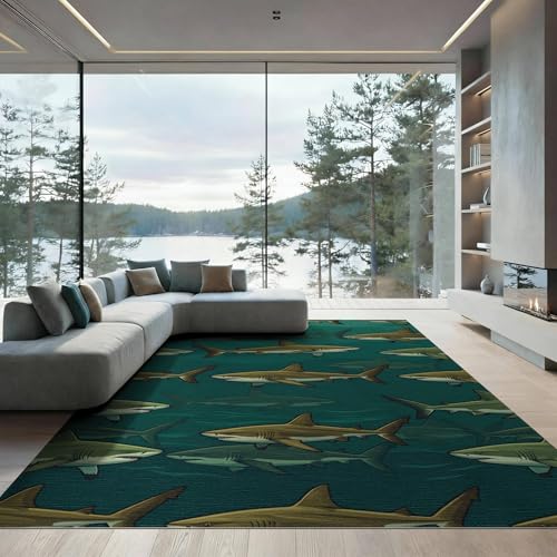 9'x12' Washable Contemporary Shark Oversized Rug, Dark Teal Non-Shedding Pet Friendly Carpet Foldable Easy Care Mat for Master Suite, California King, Under Bed | Ref:2068961 - color: Green/Pattern 36, size: 9' x 12' (Rectangular)