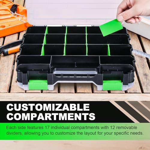 Tool Box with Transparent Lid, 2 Pack Hardware Organizer Box, Double Side 34 Compartments Hardware Organizers with Removable Plastic Dividers for Screws Nuts Nails Bolts, Small Parts Box