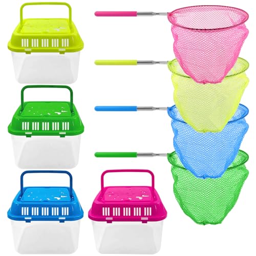 4Sets Catch Plastic Beach Aquarium Kit,Great Concept for Catching and Release,Clear and Transparent Portable Handheld Tank with Retractable net Bag for Beach, Pool and Lake