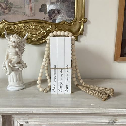 Decorative Books for Home Decor, White Faux Books for Decoration, Rustic Farmhouse Stacked Display Books with 52in Wood Bead Garland for Coffee Tables Living Room, (Live Laugh Love) - style: Live Laugh Love