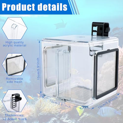 Fish Breeding Box, Acrylic Fish Isolation Box, Clear Fish Isolation Hatchery Tank, Hanging Fish Incubator Box with Detachable Mesh Lid for Baby Fish Newborn Fish Shrimp 15x15x15 cm