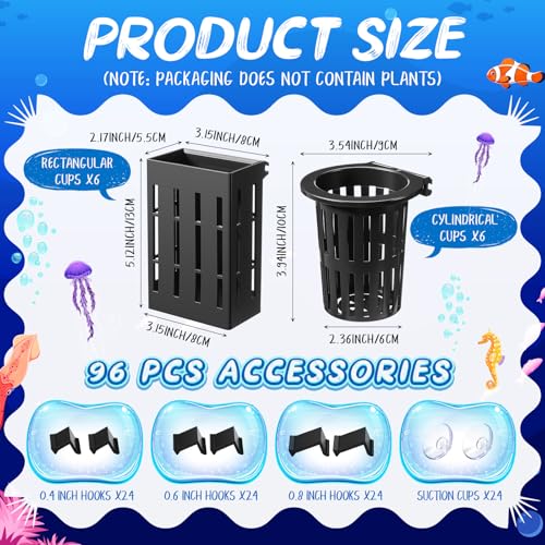 12 Set Upgraded Large Aquarium Plant Holder Contain 12 Hanging Aquatic Pot with 72 Hooks and 24 Aquatic Planter Suction Cups for Fish Tank Aquarium Cultivation and Aquascape Decoration (Black)
