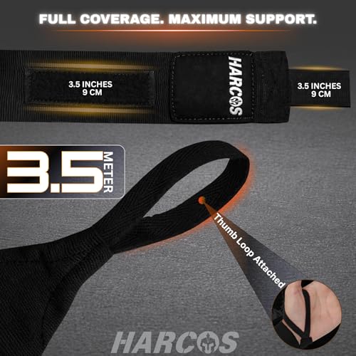 Harcos Boxing Hand Wraps 3.5M / 140 Inches – Soft Semi-Elastic MMA Hand Wraps with Wrist Support for Muay Thai, Kickboxing & Training – Thumb Loop & Hook-and-Loop Closure - color: Black