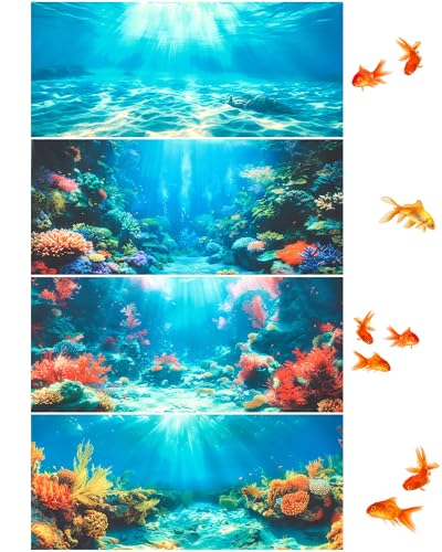 4 Pack Aquarium Background Polyester 36 x 18 Inch Cloth Fish Tank Background Undersea Corals Sunshines Rock Aquatic Plants Wallpaper with Double-Sided Tape