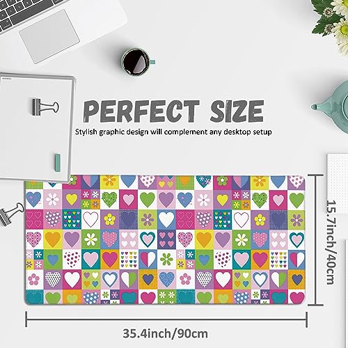 Extended Gaming Mouse Pad Checkered Heart Flower Large Mousepad with Stitched Edges,Anti-Slip Rubber Base Keyboard Mouse Mat Desk Pad for Gaming Home Office 35.4 x 15.7 inches - color: Checkered Heart Flower