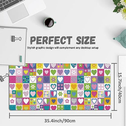 Extended Gaming Mouse Pad Checkered Heart Flower Large Mousepad with Stitched Edges,Anti-Slip Rubber Base Keyboard Mouse Mat Desk Pad for Gaming Home Office 35.4 x 15.7 inches - color: Checkered Heart Flower