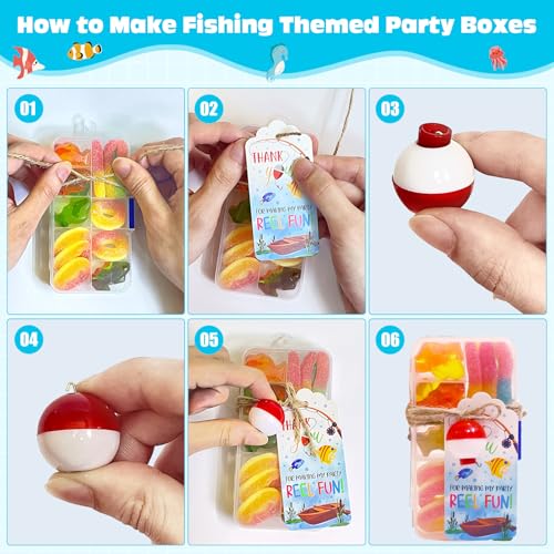 24 Set Fishing Candy Little Tackle Boxes for Birthday Party Favors with 24 Fishing Bobber 24 Thank You Cards for Making My Party Reel Fun Gone Fishing Theme Supplies Fishing Decorations (24)