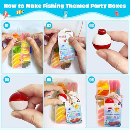 24 Set Fishing Candy Little Tackle Boxes for Birthday Party Favors with 24 Fishing Bobber 24 Thank You Cards for Making My Party Reel Fun Gone Fishing Theme Supplies Fishing Decorations (24)