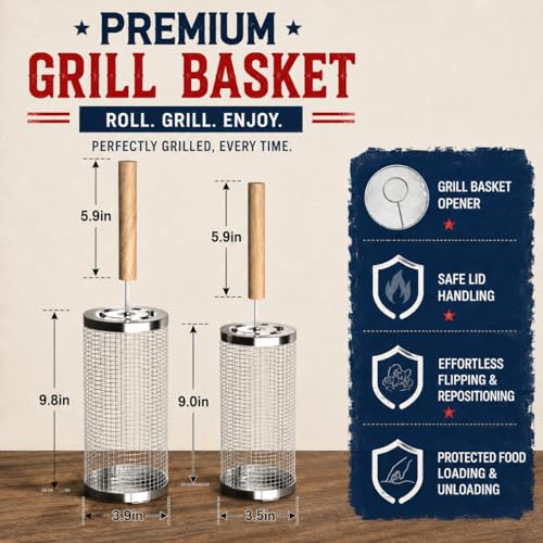 Rolling Grill Basket 2-Pack 304 Stainless Steel Grill Basket with Removable Wooden Handle, BBQ Grilling Net for Vegetables Shrimp veggie, Portable Camping Grill Accessories, Best Gifts for Dad/Husband/Men